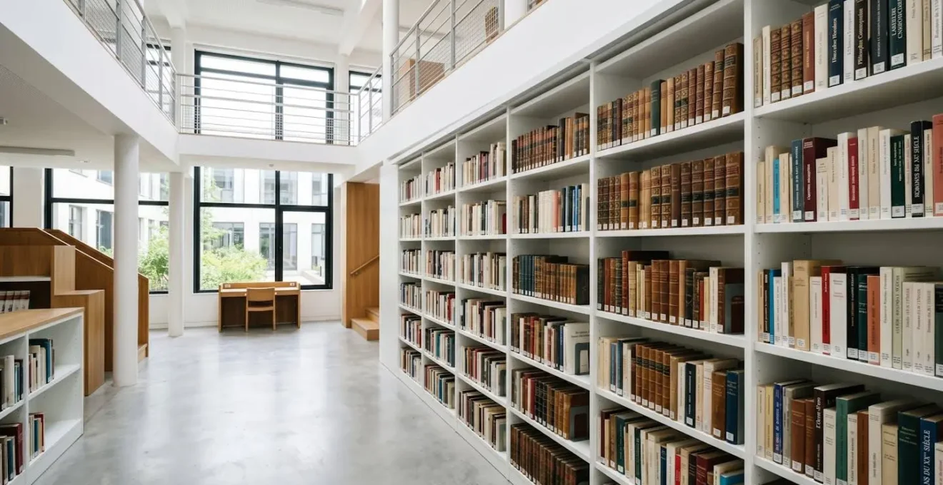 Vue en plongée d'une bibliothèque élégante aux lignes épurées, mêlant livres reliés anciens et éditions modernes sur des étagères blanches, grande fenêtre diffusant une lumière naturelle abondante