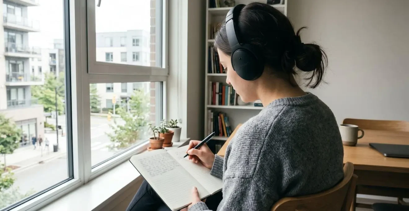 Vue de trois quarts d'une personne assise près d'une fenêtre, écrivant dans un carnet ouvert posé sur ses genoux tout en portant un casque audio, lumière naturelle douce